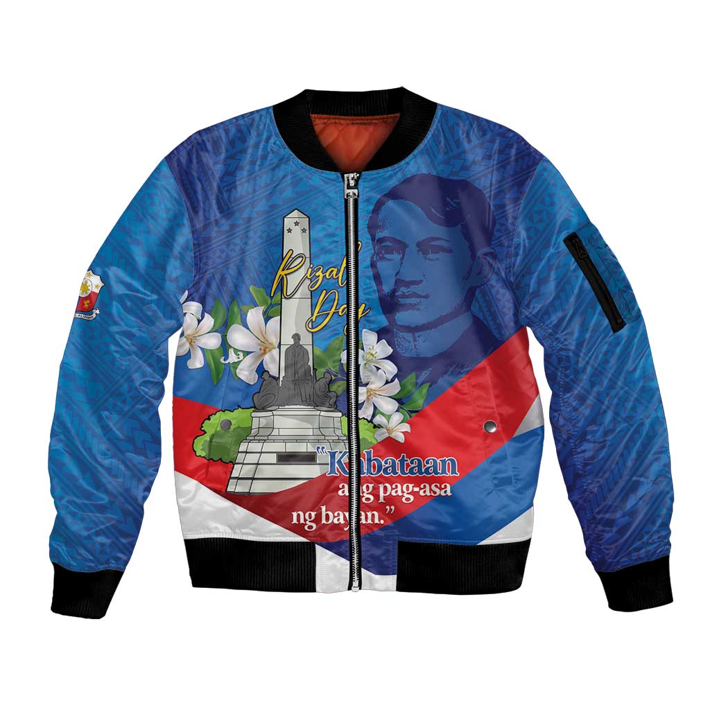 Philippines Rizal Day Sleeve Zip Bomber Jacket Filipino Motto Stella Polynesian Pattern LT14 Unisex Blue - Polynesian Pride