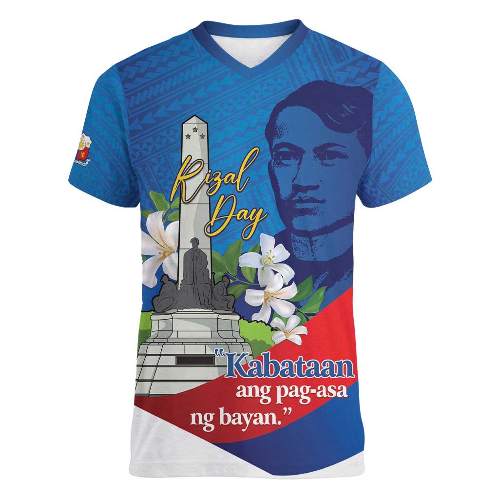 Philippines Rizal Day Women V-Neck T-Shirt Filipino Motto Stella Polynesian Pattern LT14 Female Blue - Polynesian Pride