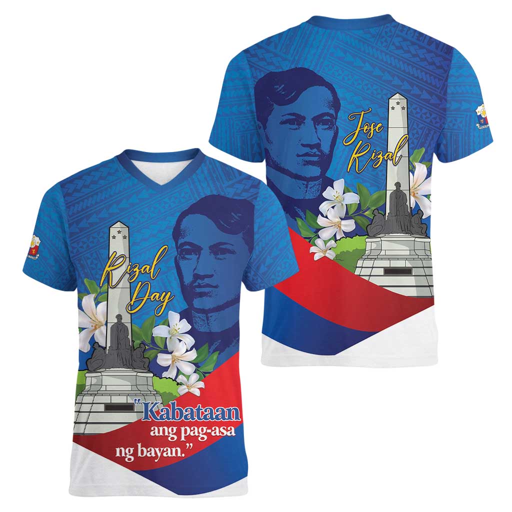 Philippines Rizal Day Women V-Neck T-Shirt Filipino Motto Stella Polynesian Pattern - Polynesian Pride