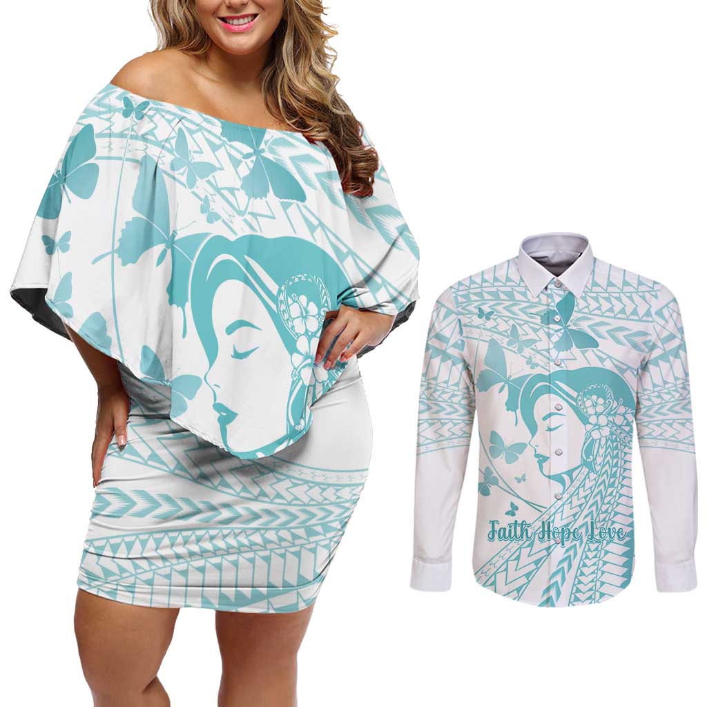 Polynesia Cervical Cancer Awareness Month Couples Matching Off Shoulder Short Dress and Long Sleeve Button Shirt Polynesian Women Faith Hope Love! LT14 White - Polynesian Pride