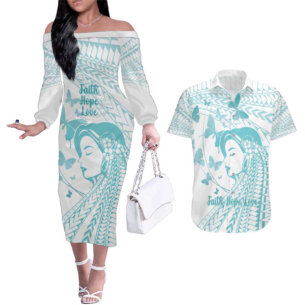 Polynesia Cervical Cancer Awareness Month Couples Matching Off The Shoulder Long Sleeve Dress and Hawaiian Shirt Polynesian Women Faith Hope Love! LT14 White - Polynesian Pride