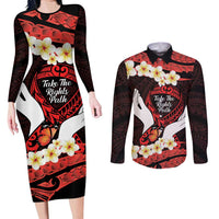 Polynesia AIDS Awareness Month Couples Matching Long Sleeve Bodycon Dress and Long Sleeve Button Shirt Take The Rights Path Polynesian Pattern