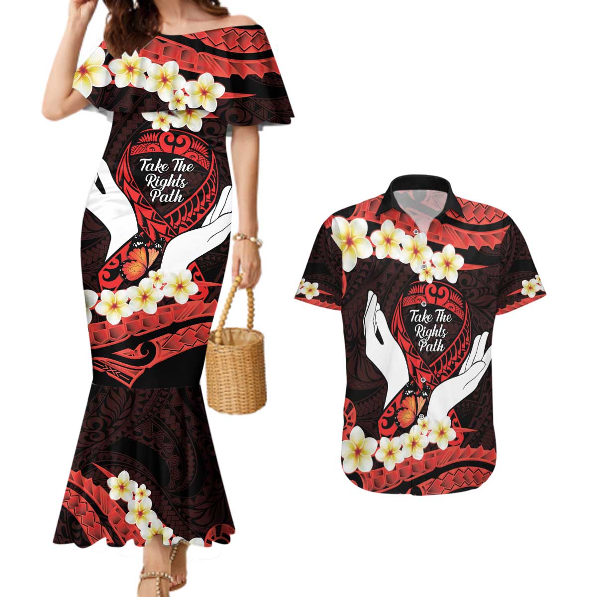 Polynesia AIDS Awareness Month Couples Matching Mermaid Dress and Hawaiian Shirt Take The Rights Path Polynesian Pattern LT14 Red - Polynesian Pride