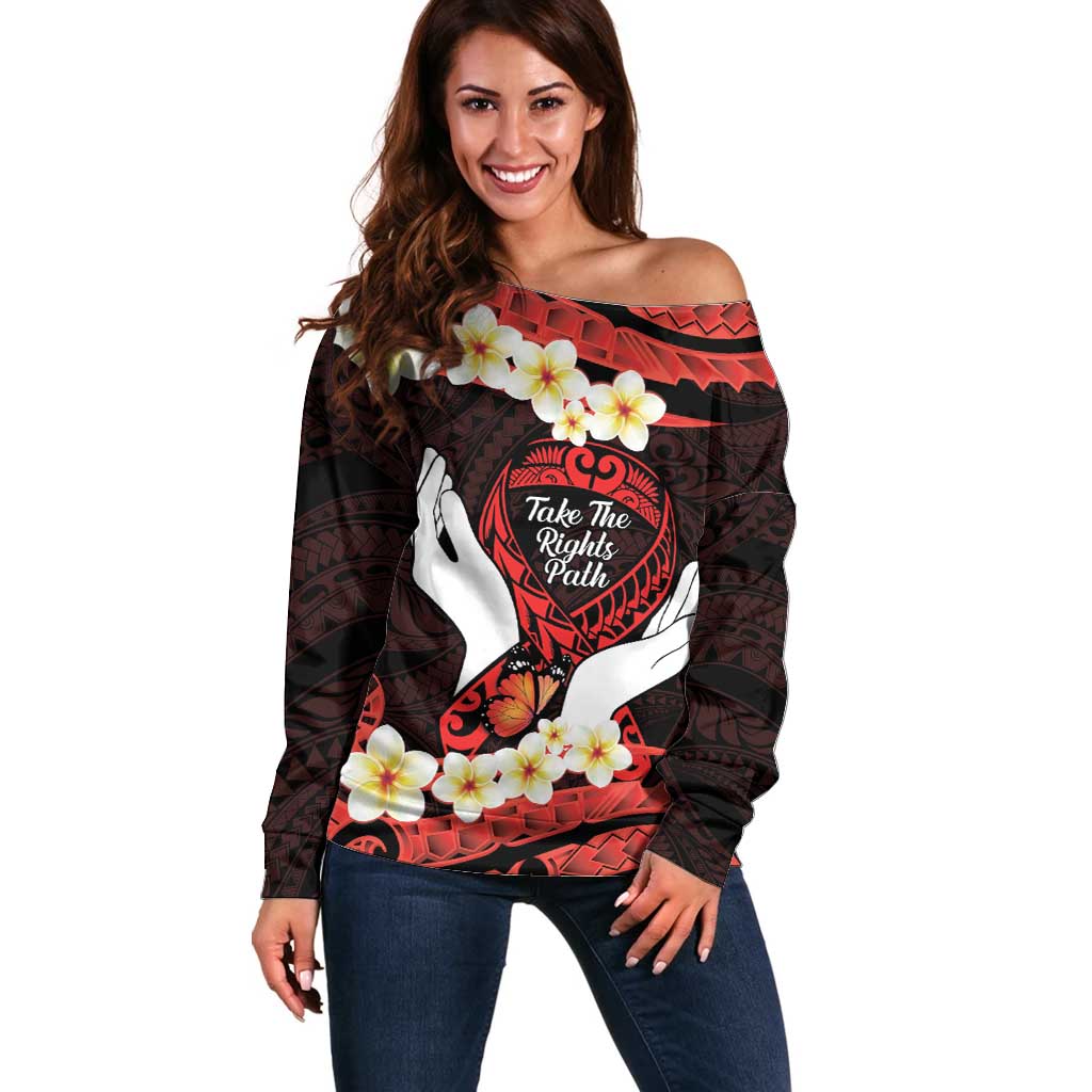 Polynesia AIDS Awareness Month Off Shoulder Sweater Take The Rights Path Polynesian Pattern LT14 Women Red - Polynesian Pride