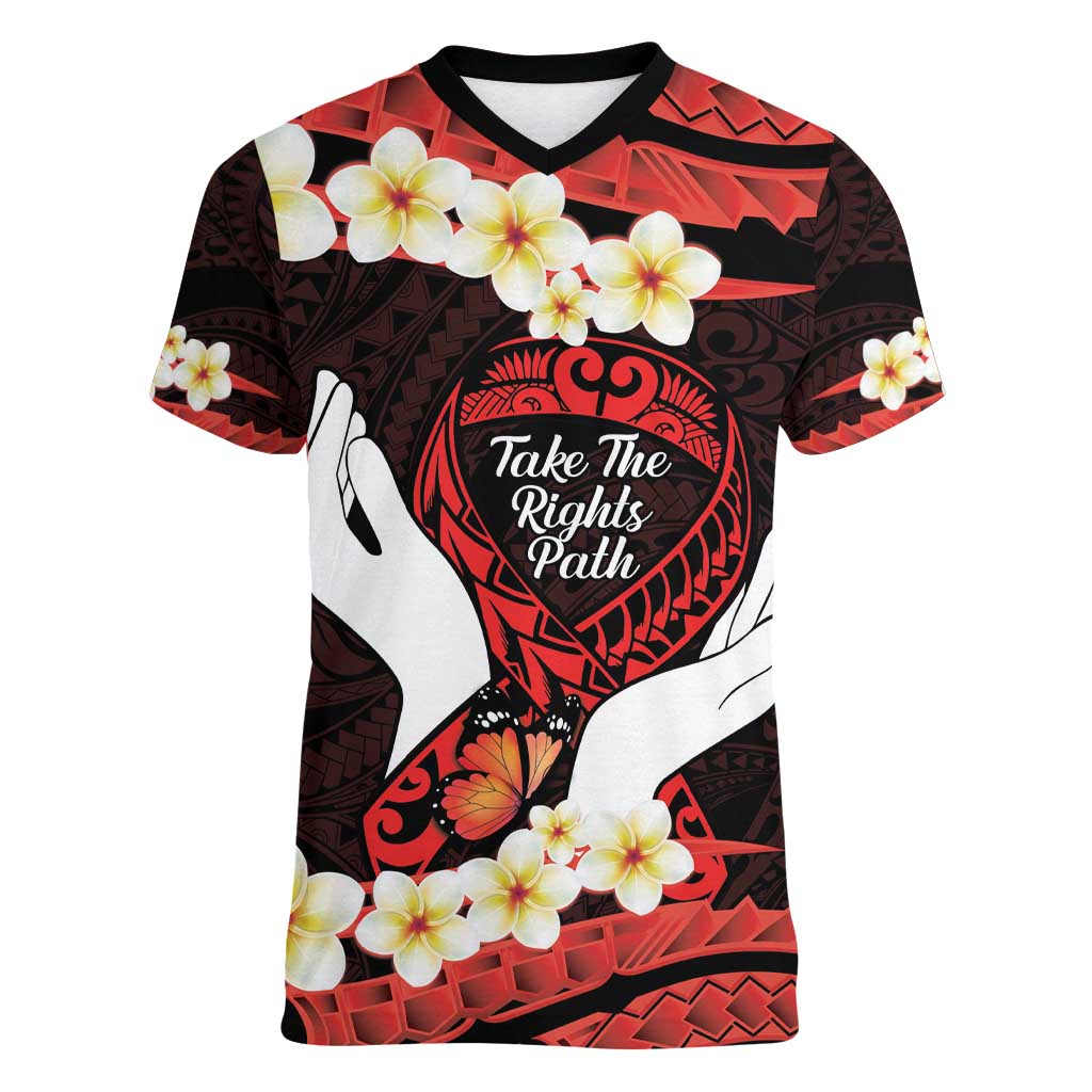 Polynesia AIDS Awareness Month Women V-Neck T-Shirt Take The Rights Path Polynesian Pattern