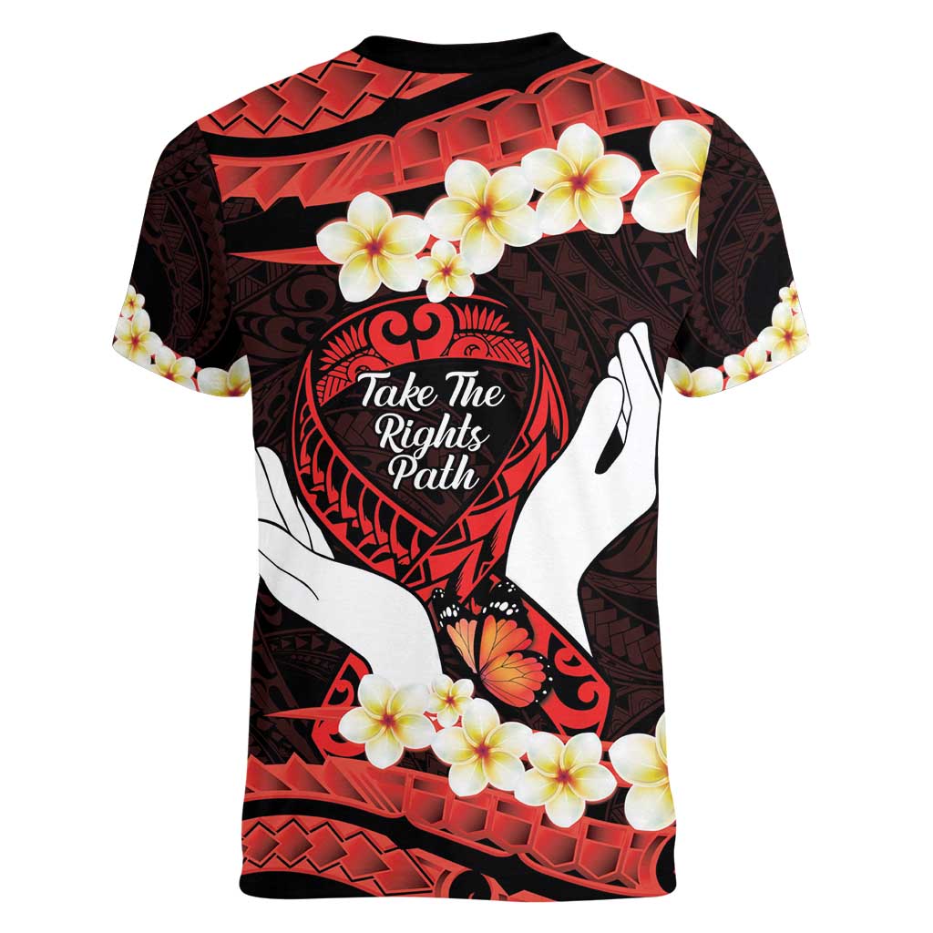 Polynesia AIDS Awareness Month Women V-Neck T-Shirt Take The Rights Path Polynesian Pattern