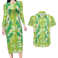 Aloha Hawaii Tuberose Lei Couples Matching Long Sleeve Bodycon Dress and Hawaiian Shirt Tropical Vibes Green Color - Polynesian Pride