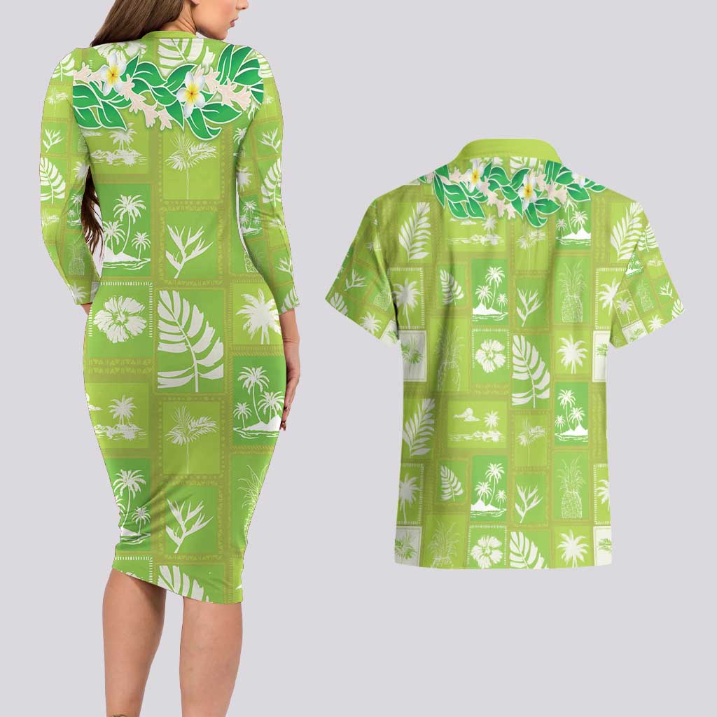 Aloha Hawaii Tuberose Lei Couples Matching Long Sleeve Bodycon Dress and Hawaiian Shirt Tropical Vibes Green Color - Polynesian Pride