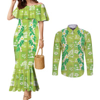 Aloha Hawaii Tuberose Lei Couples Matching Mermaid Dress and Long Sleeve Button Shirt Tropical Vibes Green Color - Polynesian Pride