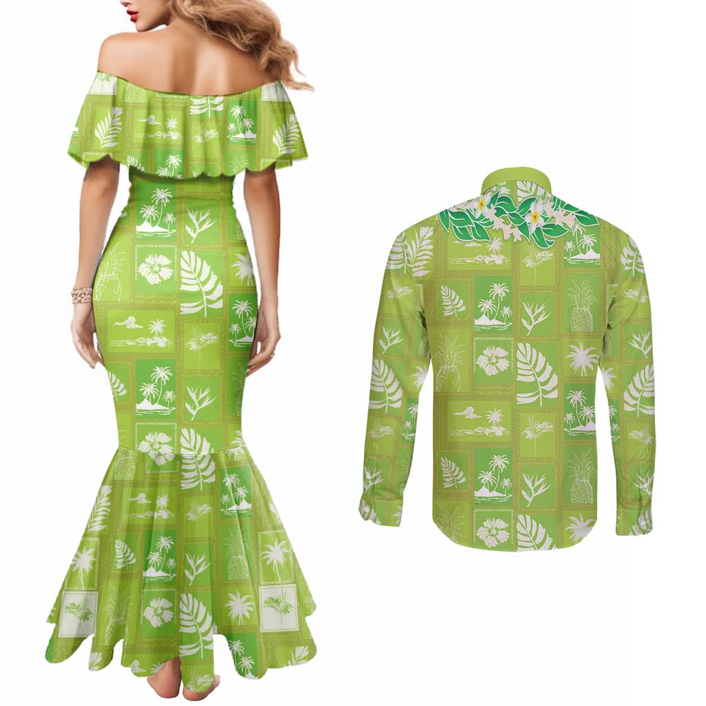 Aloha Hawaii Tuberose Lei Couples Matching Mermaid Dress and Long Sleeve Button Shirt Tropical Vibes Green Color - Polynesian Pride