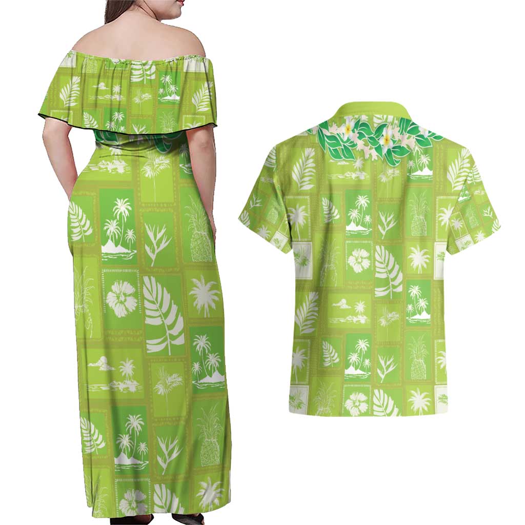 Aloha Hawaii Tuberose Lei Couples Matching Off Shoulder Maxi Dress and Hawaiian Shirt Tropical Vibes Green Color - Polynesian Pride