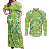 Aloha Hawaii Tuberose Lei Couples Matching Off Shoulder Maxi Dress and Long Sleeve Button Shirt Tropical Vibes Green Color - Polynesian Pride