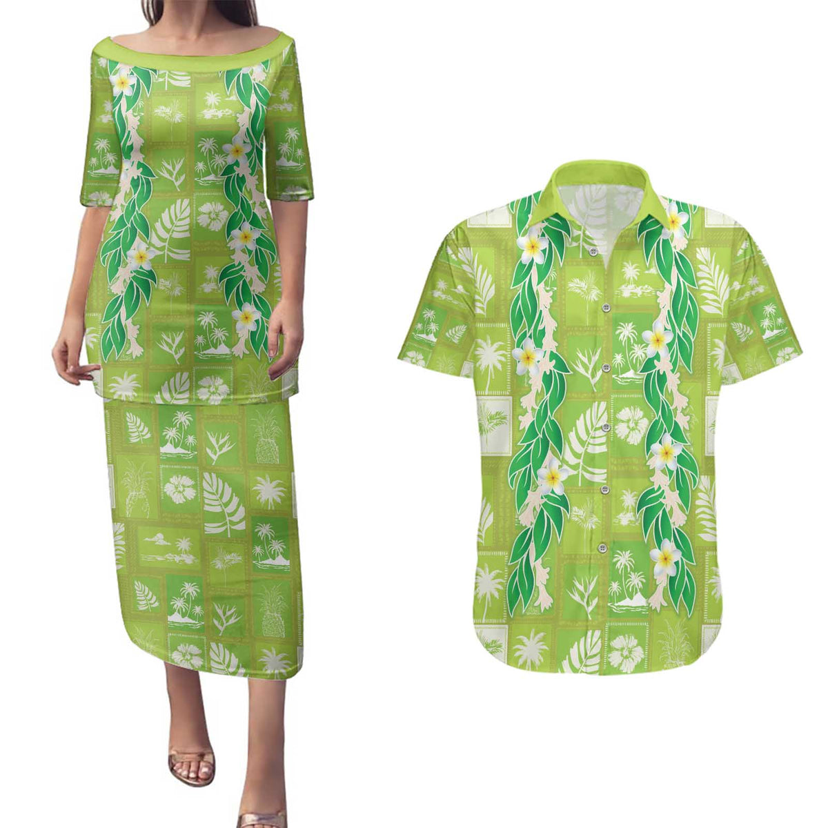 Aloha Hawaii Tuberose Lei Couples Matching Puletasi and Hawaiian Shirt Tropical Vibes Green Color - Polynesian Pride