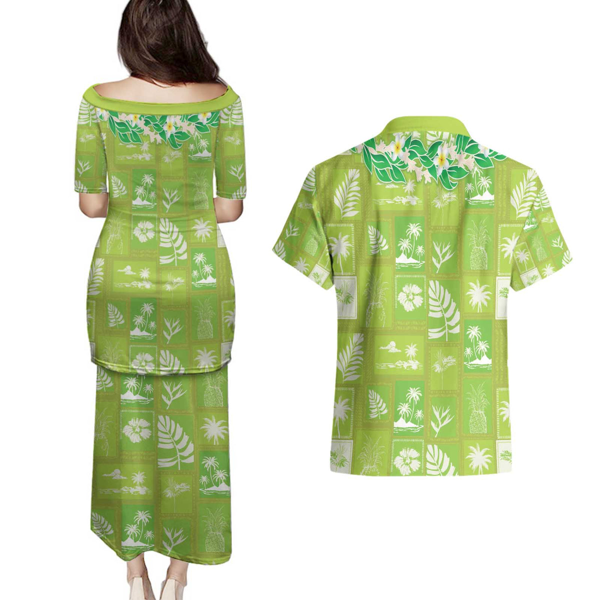 Aloha Hawaii Tuberose Lei Couples Matching Puletasi and Hawaiian Shirt Tropical Vibes Green Color - Polynesian Pride