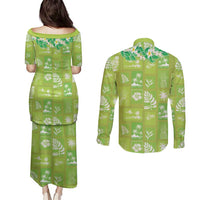 Aloha Hawaii Tuberose Lei Couples Matching Puletasi and Long Sleeve Button Shirt Tropical Vibes Green Color - Polynesian Pride