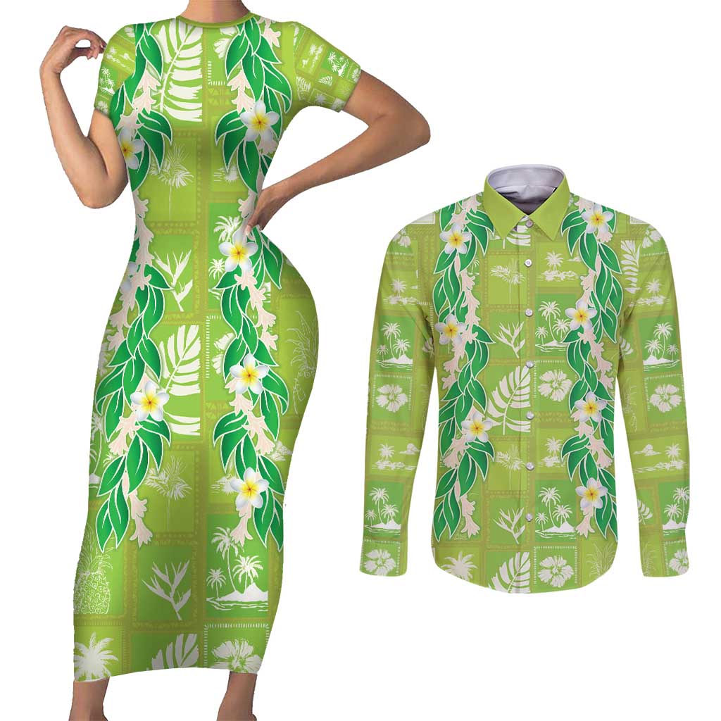 Aloha Hawaii Tuberose Lei Couples Matching Short Sleeve Bodycon Dress and Long Sleeve Button Shirt Tropical Vibes Green Color - Polynesian Pride