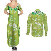 Aloha Hawaii Tuberose Lei Couples Matching Summer Maxi Dress and Long Sleeve Button Shirt Tropical Vibes Green Color - Polynesian Pride