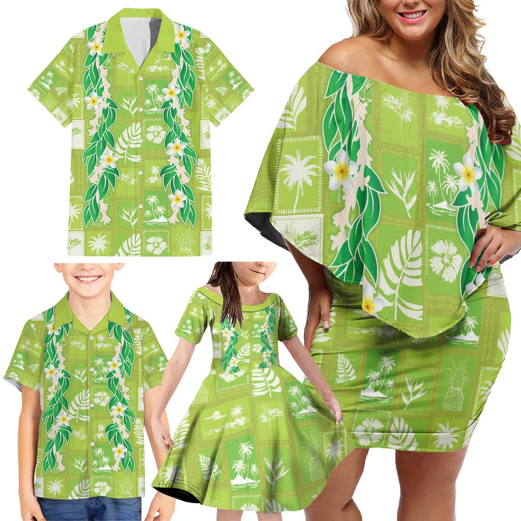 Aloha Hawaii Tuberose Lei Family Matching Off Shoulder Short Dress and Hawaiian Shirt Tropical Vibes Green Color - Polynesian Pride