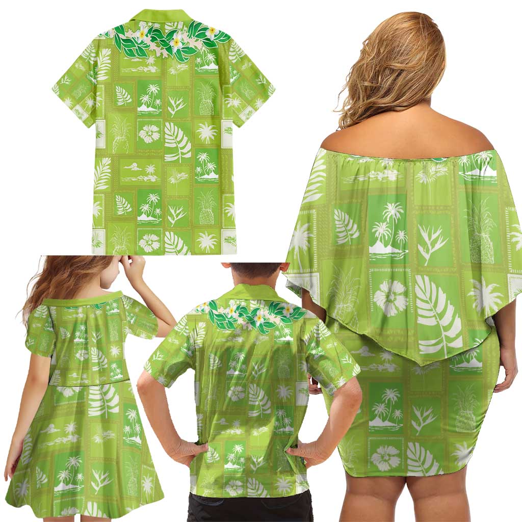 Aloha Hawaii Tuberose Lei Family Matching Off Shoulder Short Dress and Hawaiian Shirt Tropical Vibes Green Color - Polynesian Pride