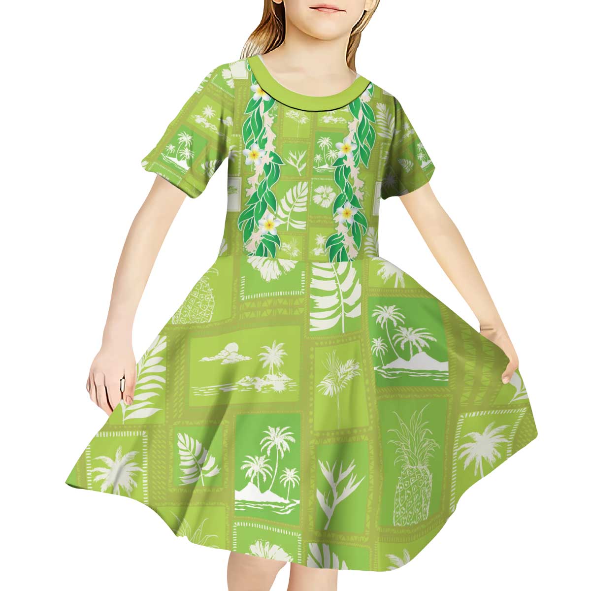 Aloha Hawaii Tuberose Lei Kid Short Sleeve Dress Tropical Vibes Green Color - Polynesian Pride