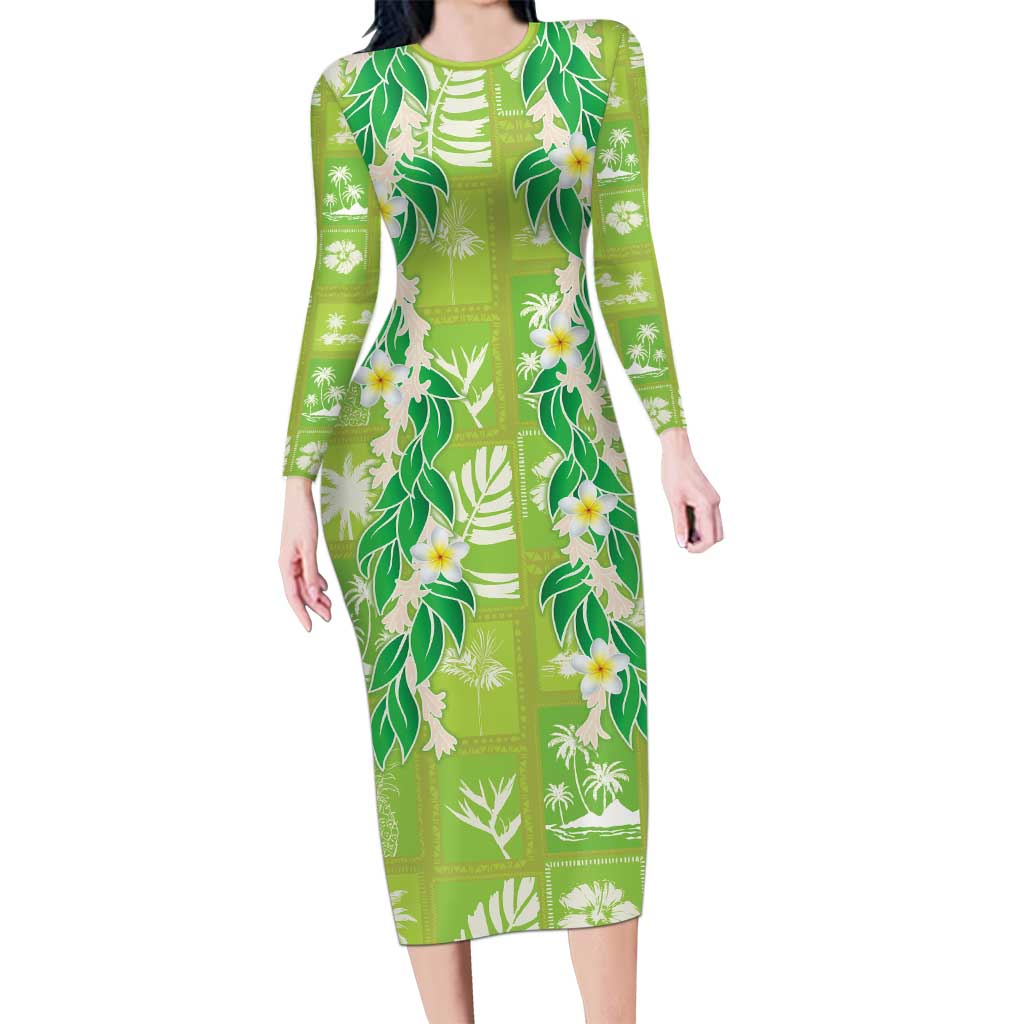 Aloha Hawaii Tuberose Lei Long Sleeve Bodycon Dress Tropical Vibes Green Color LT14 Long Dress Green - Polynesian Pride