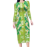 Aloha Hawaii Tuberose Lei Long Sleeve Bodycon Dress Tropical Vibes Green Color LT14 Long Dress Green - Polynesian Pride