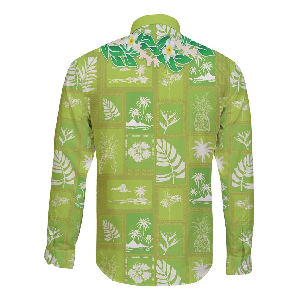 Aloha Hawaii Tuberose Lei Long Sleeve Button Shirt Tropical Vibes Green Color - Polynesian Pride