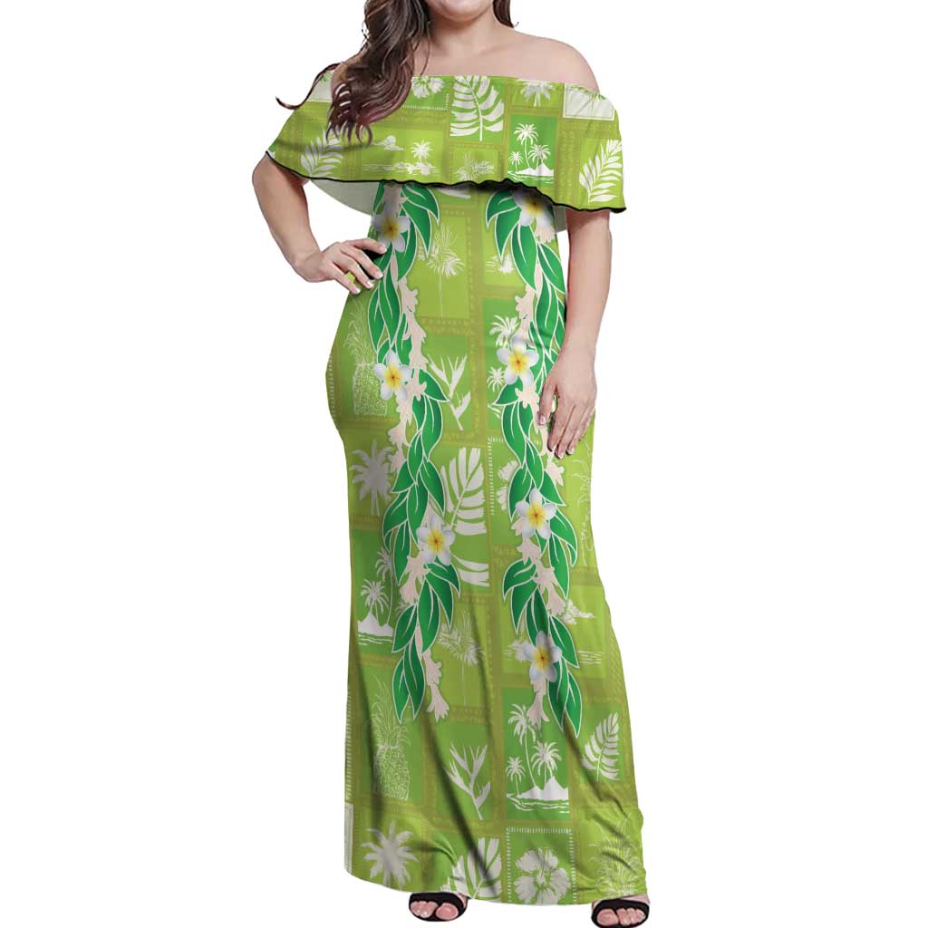 Aloha Hawaii Tuberose Lei Off Shoulder Maxi Dress Tropical Vibes Green Color - Polynesian Pride