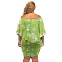 Aloha Hawaii Tuberose Lei Off Shoulder Short Dress Tropical Vibes Green Color - Polynesian Pride