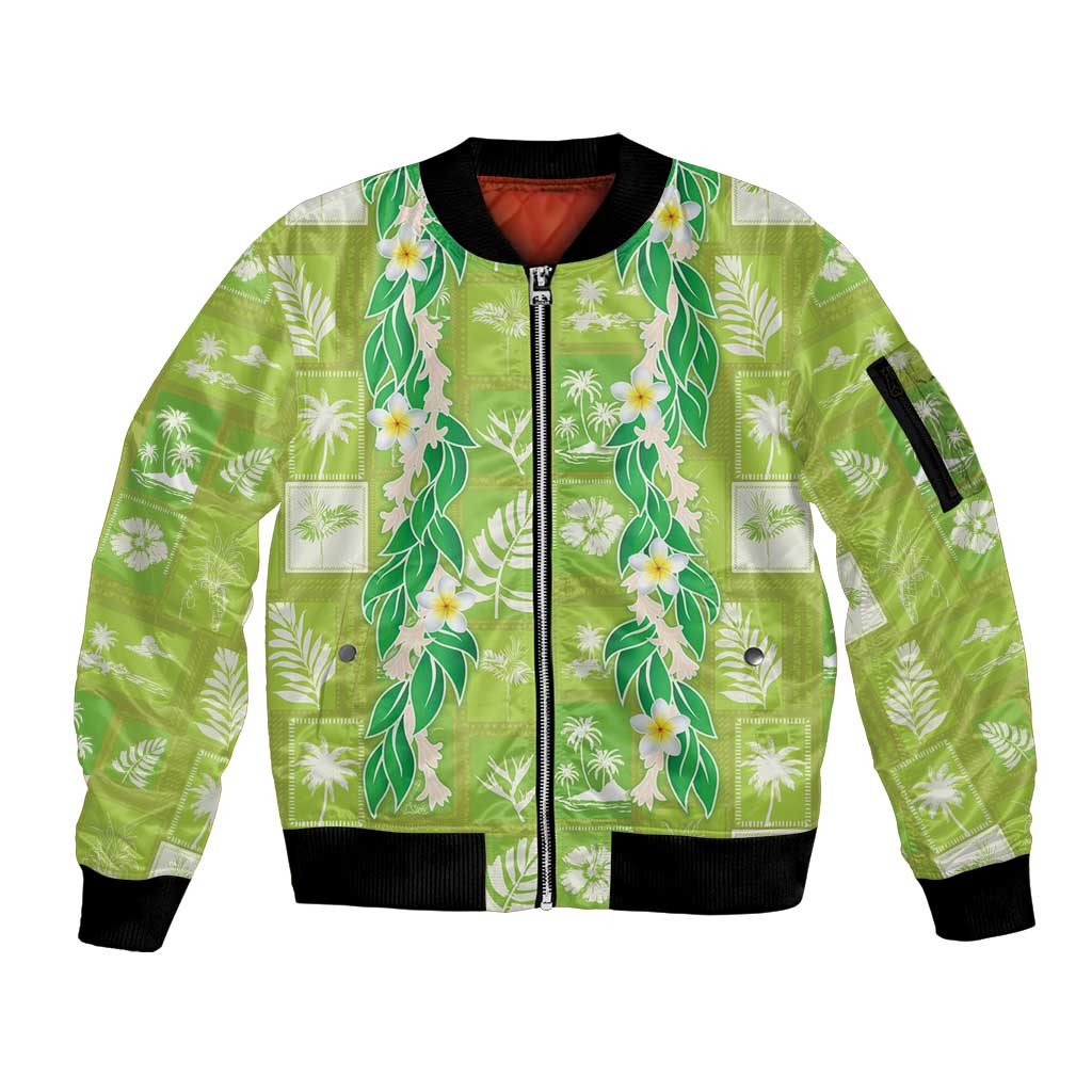 Aloha Hawaii Tuberose Lei Sleeve Zip Bomber Jacket Tropical Vibes Green Color - Polynesian Pride