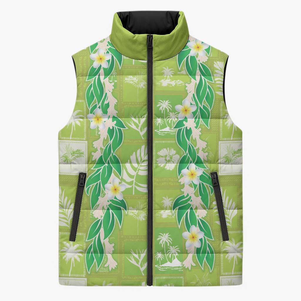 Aloha Hawaii Tuberose Lei Sleeveless Puffer Jacket Tropical Vibes Green Color - Polynesian Pride