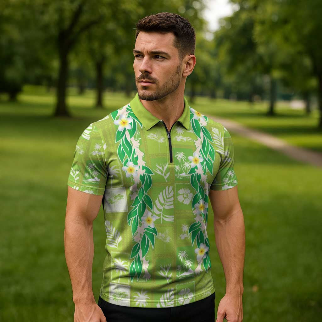 Aloha Hawaii Tuberose Lei Zipper Polo Shirt Tropical Vibes Green Color - Polynesian Pride