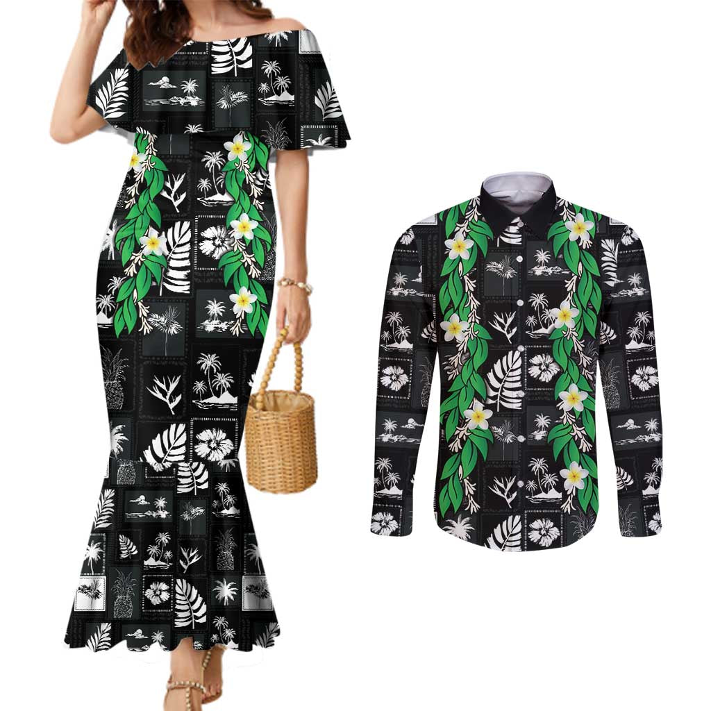Aloha Hawaii Tuberose Lei Couples Matching Mermaid Dress and Long Sleeve Button Shirt Tropical Vibes Black Color - Polynesian Pride