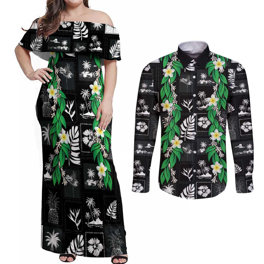 Aloha Hawaii Tuberose Lei Couples Matching Off Shoulder Maxi Dress and Long Sleeve Button Shirt Tropical Vibes Black Color - Polynesian Pride