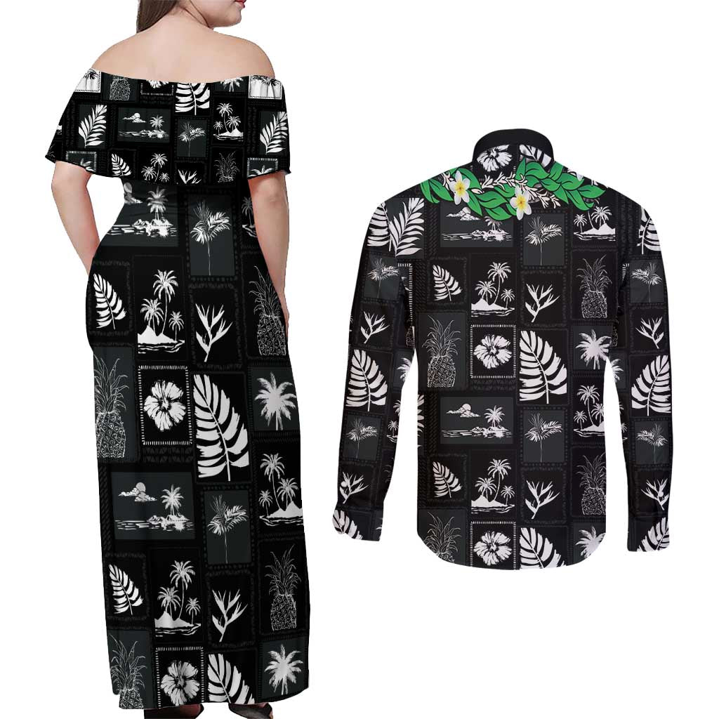 Aloha Hawaii Tuberose Lei Couples Matching Off Shoulder Maxi Dress and Long Sleeve Button Shirt Tropical Vibes Black Color - Polynesian Pride