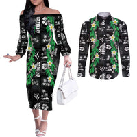 Aloha Hawaii Tuberose Lei Couples Matching Off The Shoulder Long Sleeve Dress and Long Sleeve Button Shirt Tropical Vibes Black Color - Polynesian Pride