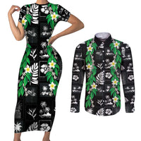 Aloha Hawaii Tuberose Lei Couples Matching Short Sleeve Bodycon Dress and Long Sleeve Button Shirt Tropical Vibes Black Color - Polynesian Pride