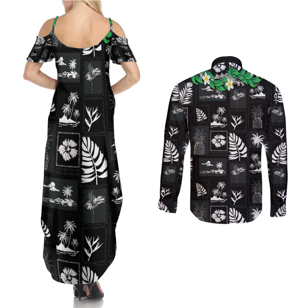 Aloha Hawaii Tuberose Lei Couples Matching Summer Maxi Dress and Long Sleeve Button Shirt Tropical Vibes Black Color - Polynesian Pride