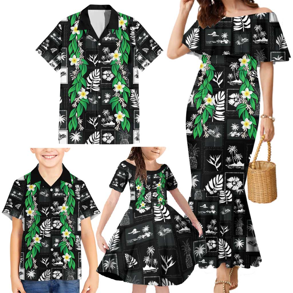 Aloha Hawaii Tuberose Lei Family Matching Mermaid Dress and Hawaiian Shirt Tropical Vibes Black Color - Polynesian Pride