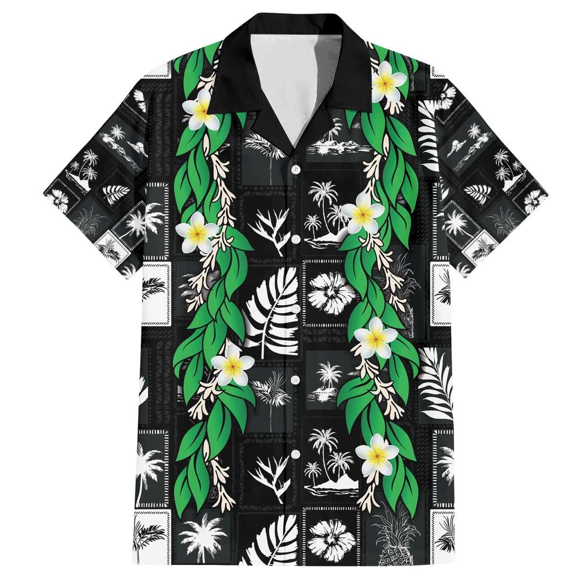 Aloha Hawaii Tuberose Lei Family Matching Off The Shoulder Long Sleeve Dress and Hawaiian Shirt Tropical Vibes Black Color - Polynesian Pride