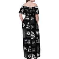 Aloha Hawaii Tuberose Lei Family Matching Off Shoulder Maxi Dress and Hawaiian Shirt Tropical Vibes Black Color - Polynesian Pride