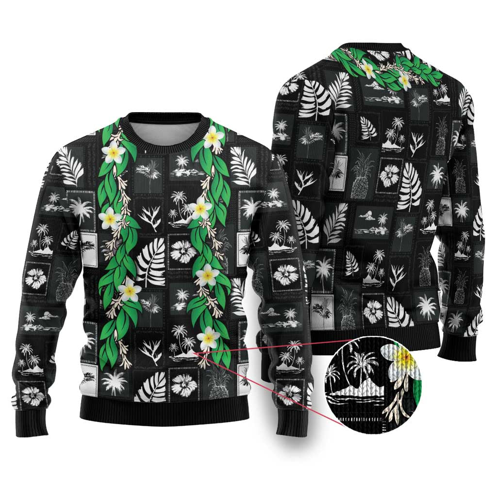 Aloha Hawaii Tuberose Lei Ugly Christmas Sweater Tropical Vibes Black Color - Polynesian Pride