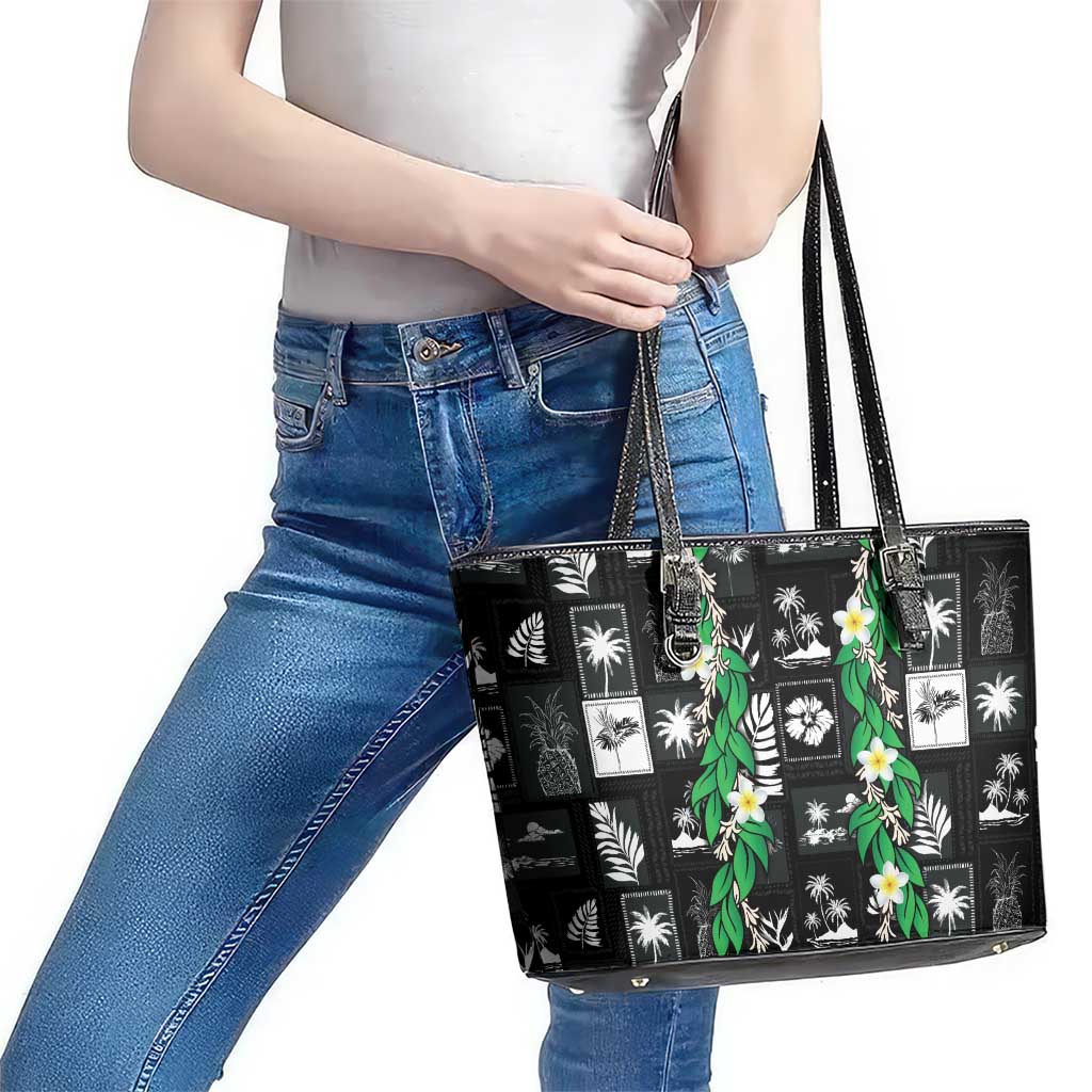 Aloha Hawaii Tuberose Lei Leather Tote Bag Tropical Vibes Black Color - Polynesian Pride