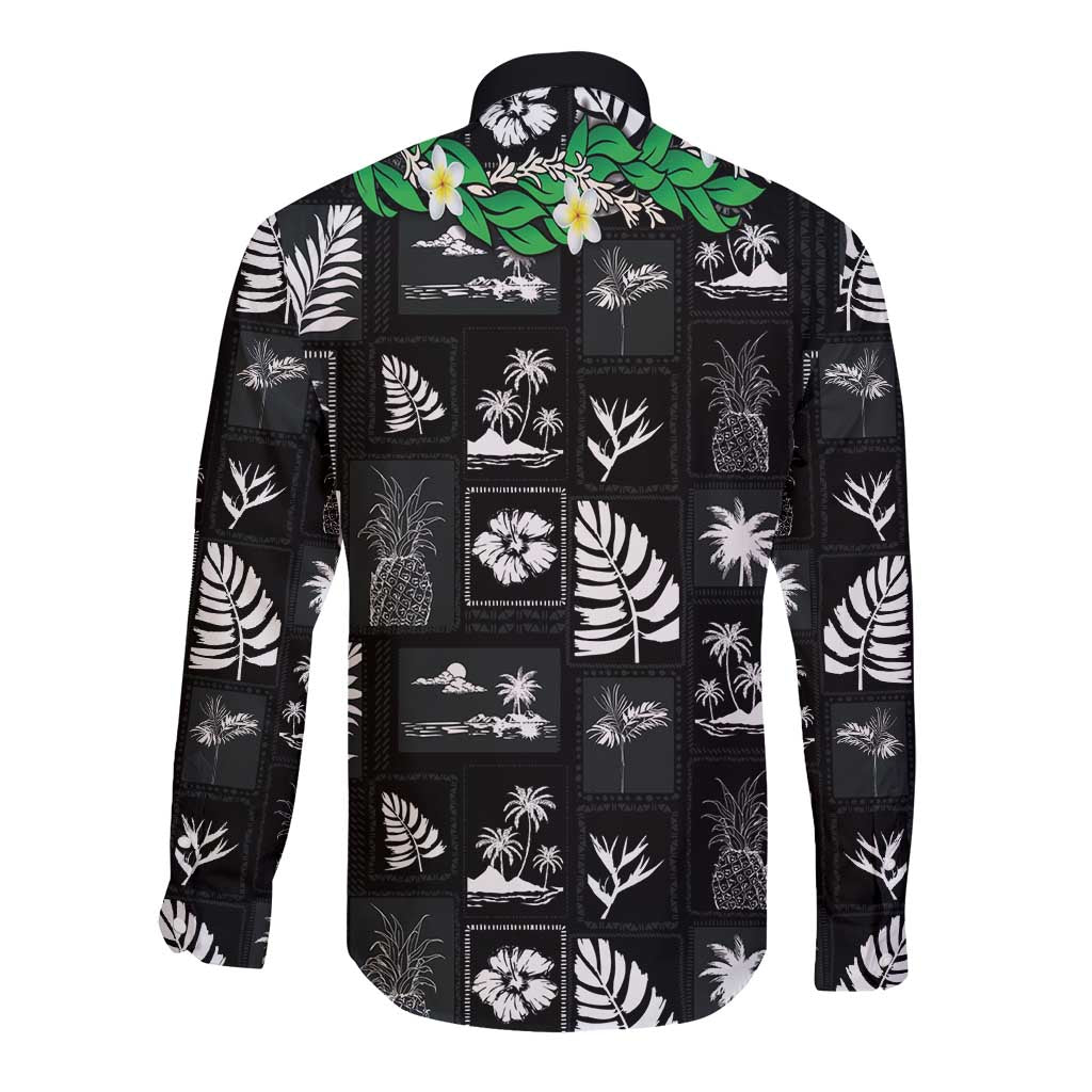Aloha Hawaii Tuberose Lei Long Sleeve Button Shirt Tropical Vibes Black Color - Polynesian Pride