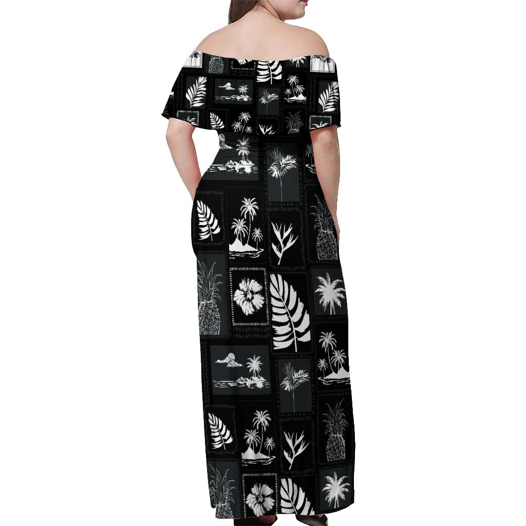 Aloha Hawaii Tuberose Lei Off Shoulder Maxi Dress Tropical Vibes Black Color - Polynesian Pride