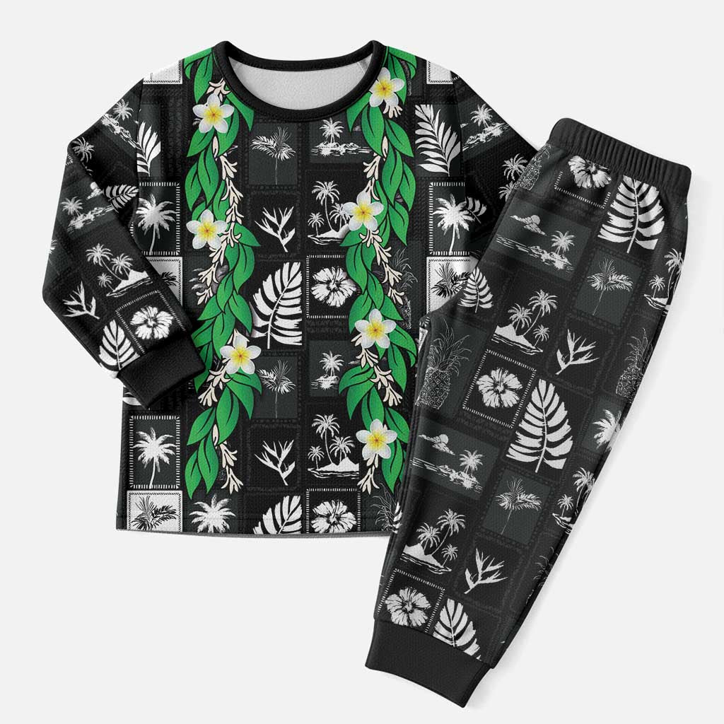 Aloha Hawaii Tuberose Lei Christmas Pajama Set Tropical Vibes Black Color - Polynesian Pride