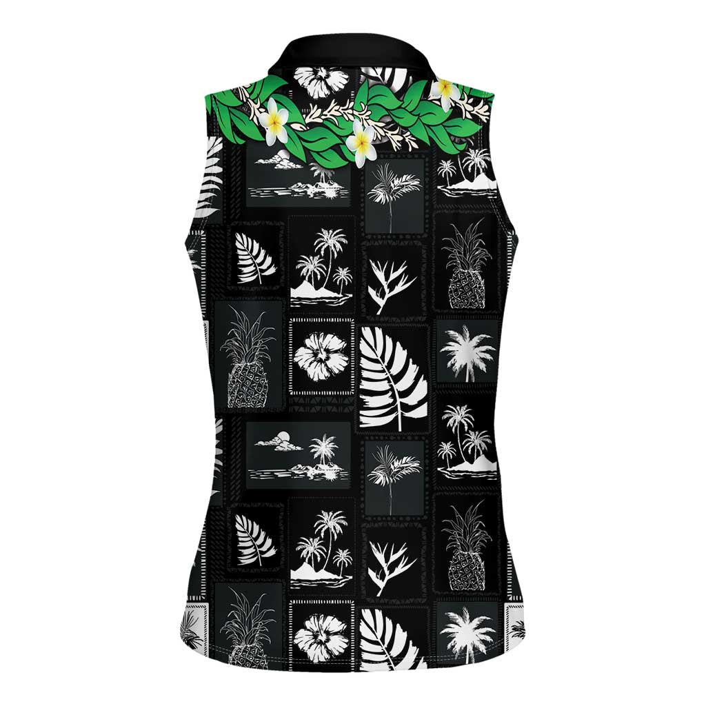Aloha Hawaii Tuberose Lei Women Sleeveless Polo Shirt Tropical Vibes Black Color - Polynesian Pride