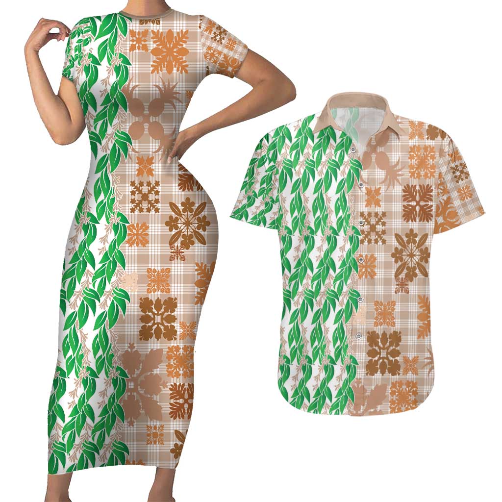 Aloha Hawaii Palaka Tuberose Lei Couples Matching Short Sleeve Bodycon Dress and Hawaiian Shirt Hawaiian Quilt Seamless Style - Polynesian Pride