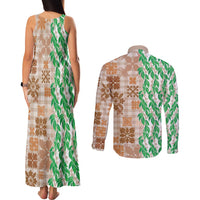 Aloha Hawaii Palaka Tuberose Lei Couples Matching Tank Maxi Dress and Long Sleeve Button Shirt Hawaiian Quilt Seamless Style - Polynesian Pride