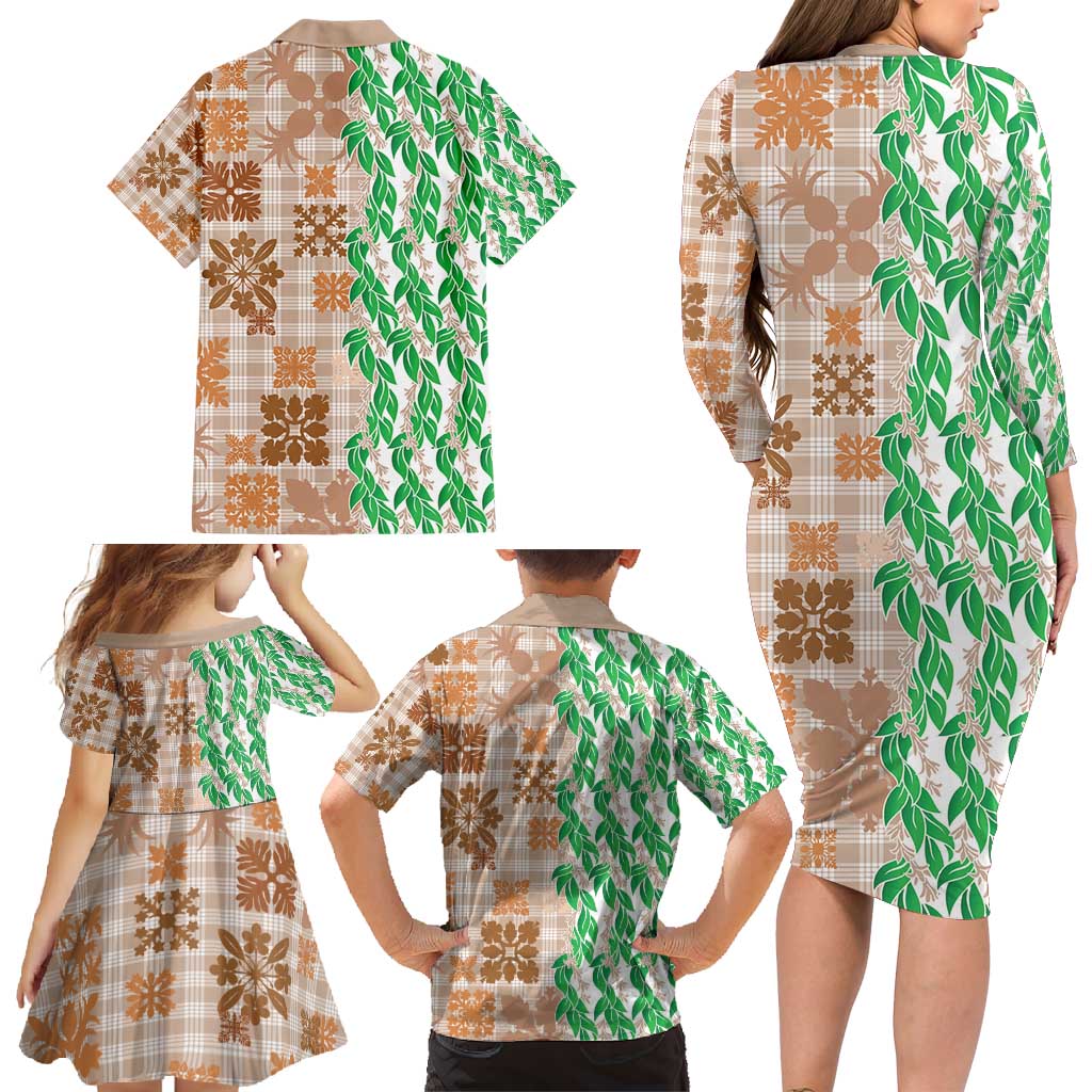 Aloha Hawaii Palaka Tuberose Lei Family Matching Long Sleeve Bodycon Dress and Hawaiian Shirt Hawaiian Quilt Seamless Style - Polynesian Pride